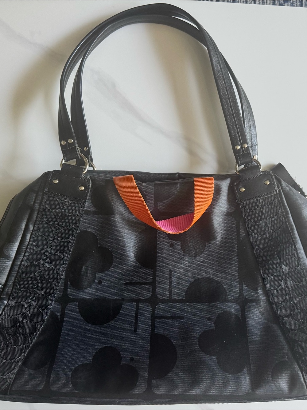Orla Kiely Elephant Print Coated Canvas Shoulder -Orange/Pink pull tabs